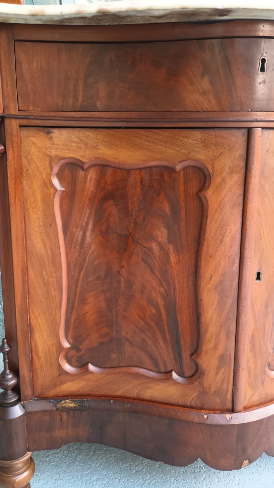 Antique Serpentine Mahogany Dresser Marble Top & Mirror Shelf Entryway Table