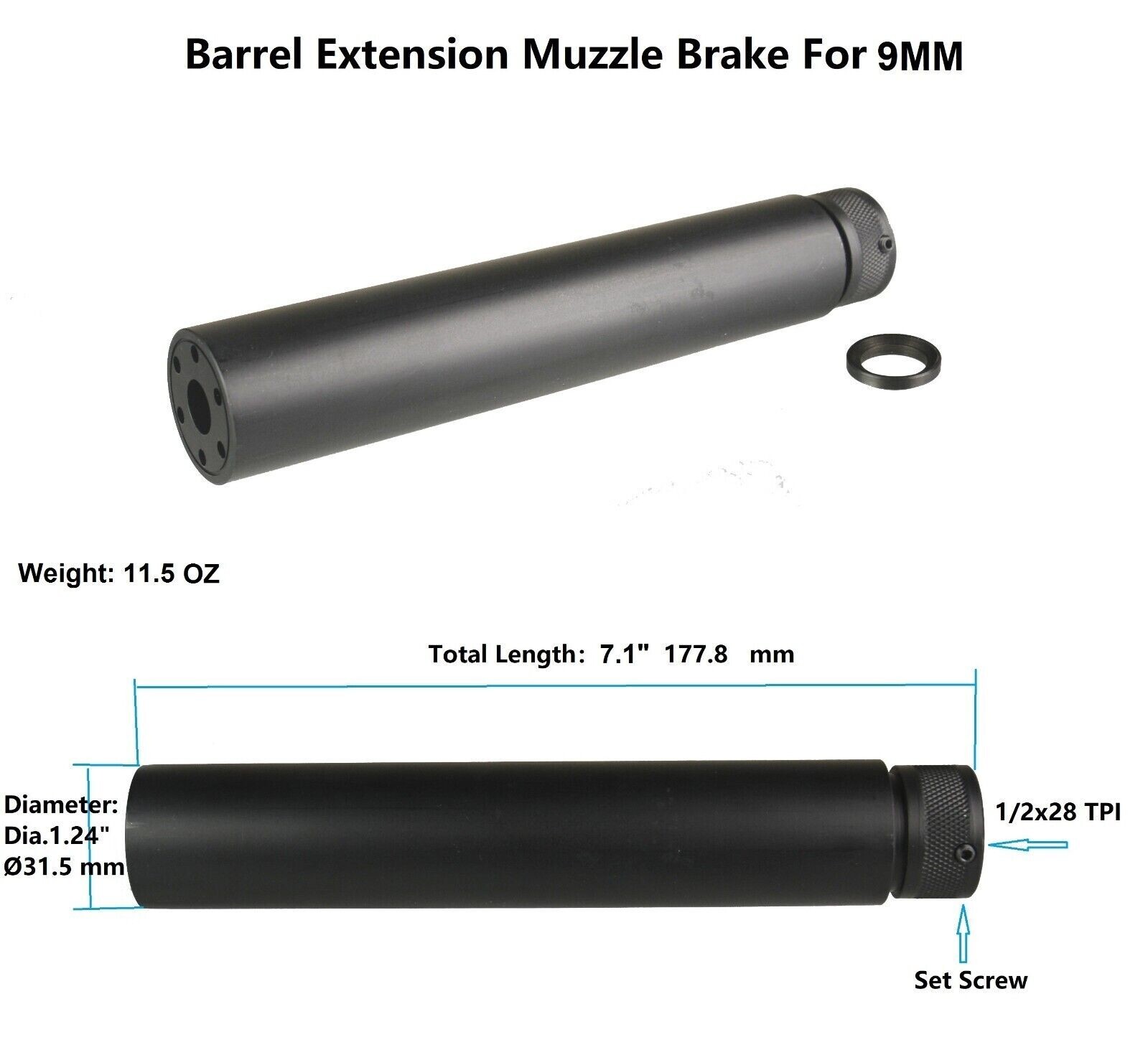 Aluminum Linear Muzzle Brake 1/2X28 TPI Barrel Extension Tube For 9mm .22LR .223