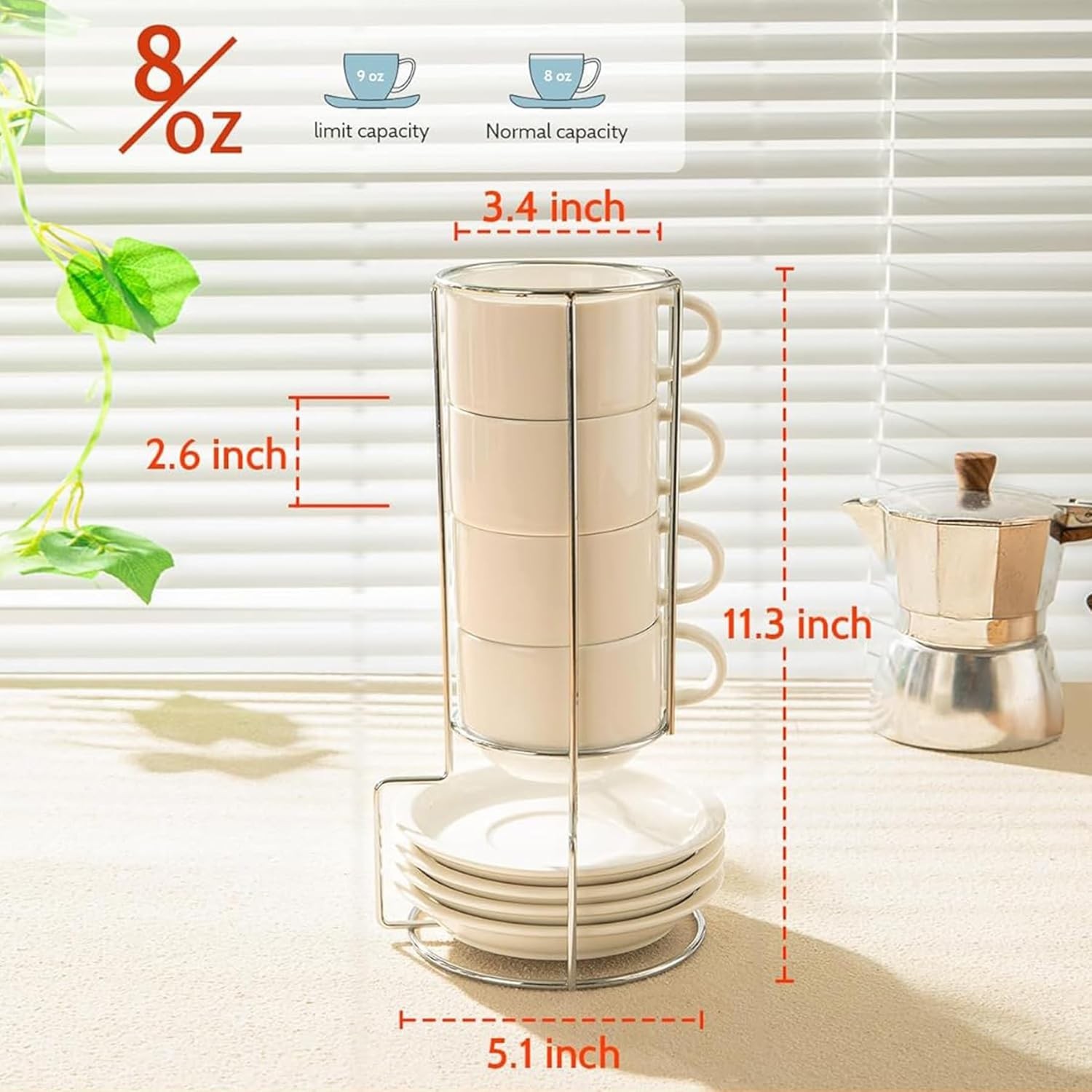 8 Ounce Porcelain Stackable Cappuccino Cups with Saucers and Metal Stand - fo...
