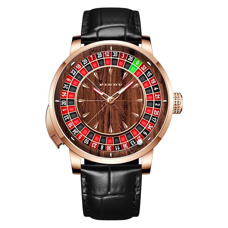 PINDU Roulette-Themed Rose Gold with Wood-Grain/Featured Dial Genuine Leather