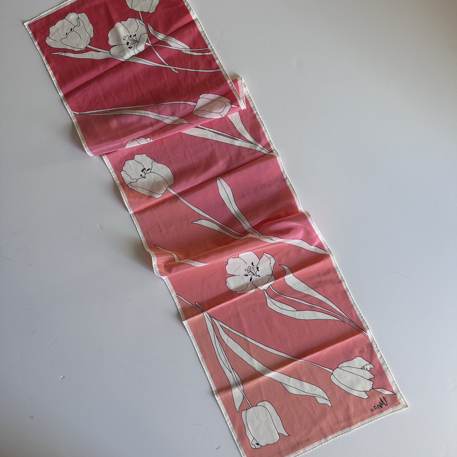 Vintage Vera Neumann Silk Scarf Spring Tulips Ombré Pink Tagless 10.5” X 40”