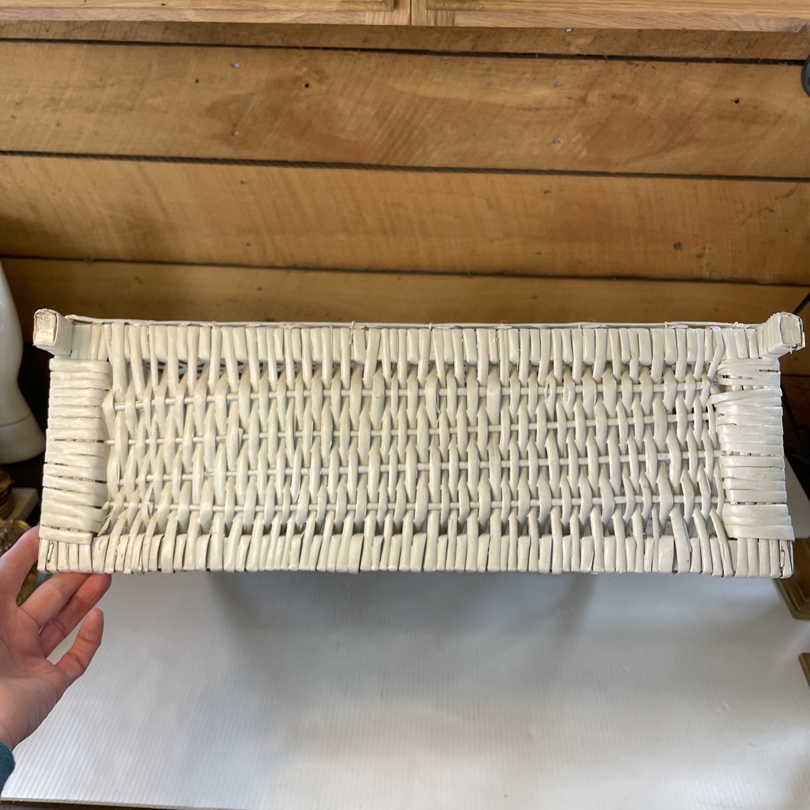 Vtg White Wicker Wall or Free Standing Shelf Boho, Shabby Chic, Cottage, Beach