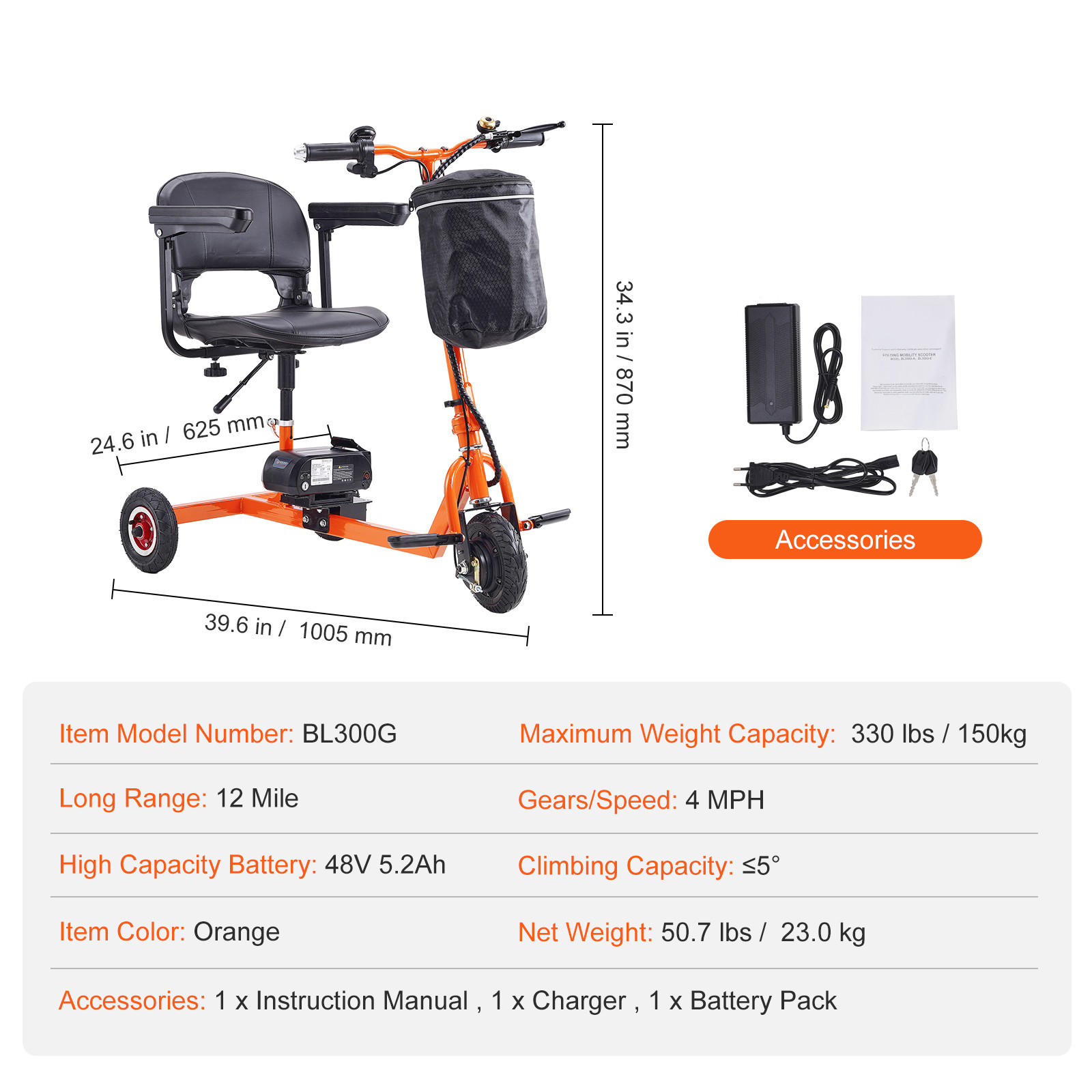 Portable 3 Wheel Mobility Scooter for Seniors 12 Mile Range Max 330LBS