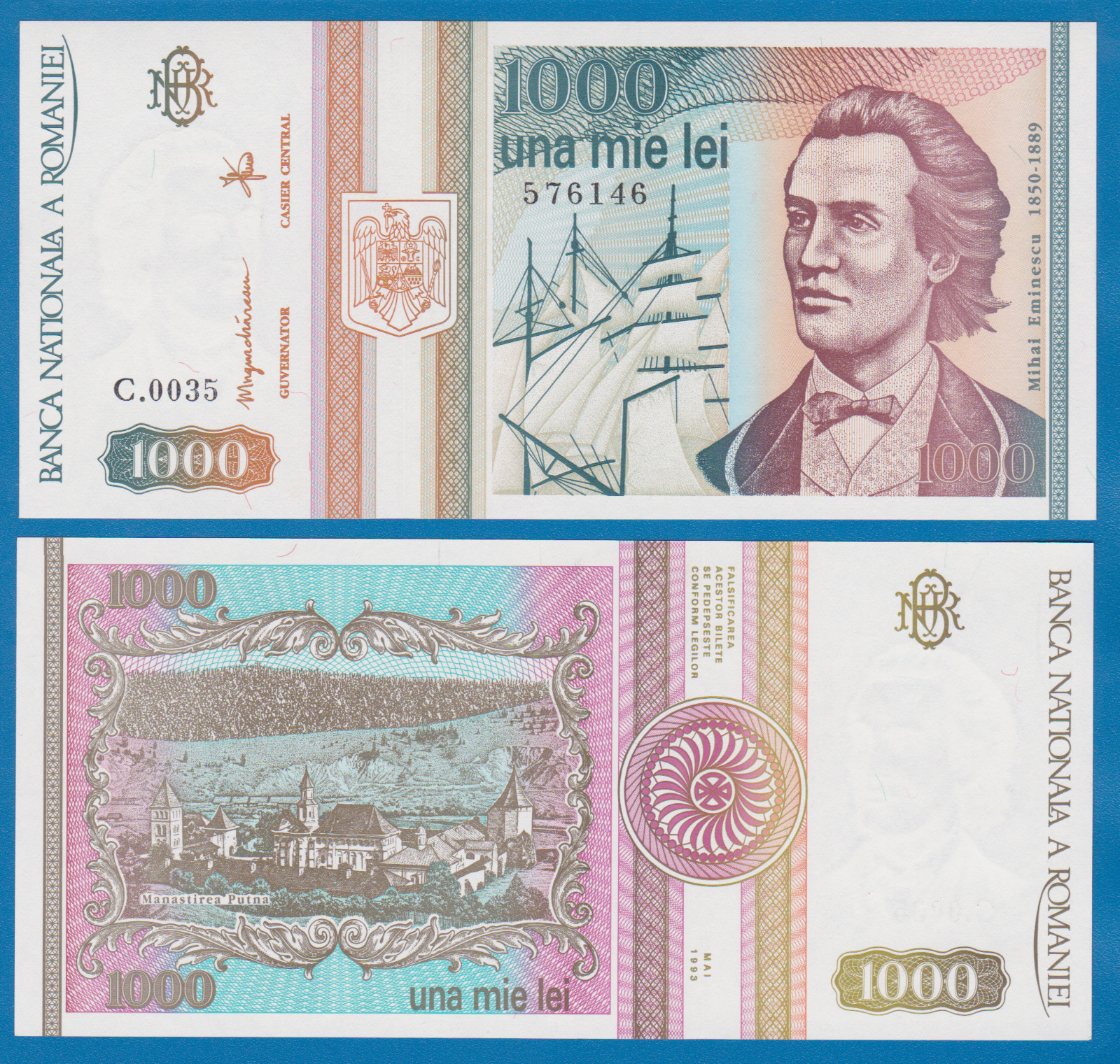 Romania 1000 Lei P 102 1993 UNC SAILING SHIP