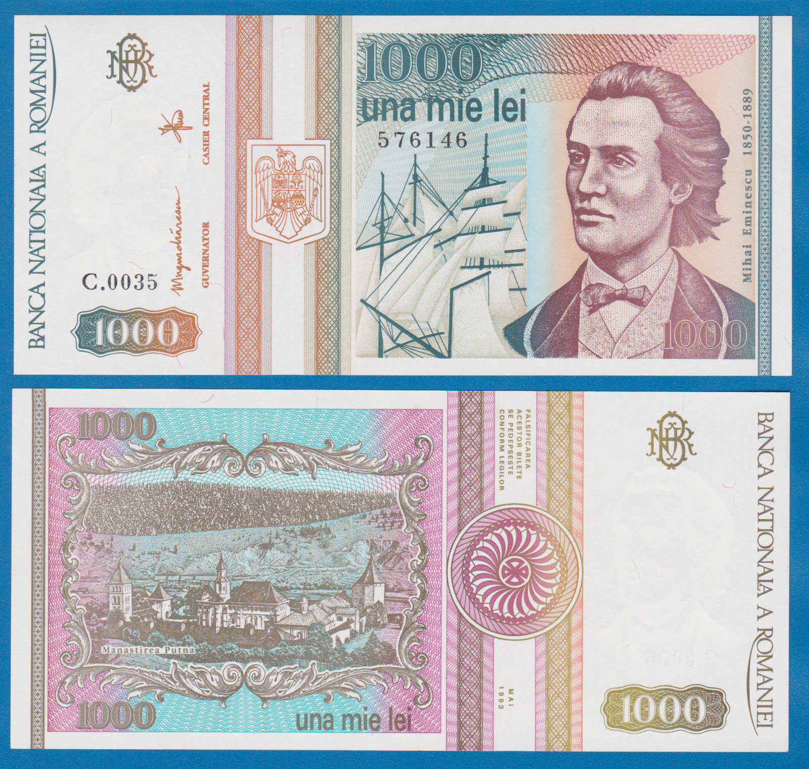 Romania 1000 Lei P 102 1993 UNC SAILING SHIP