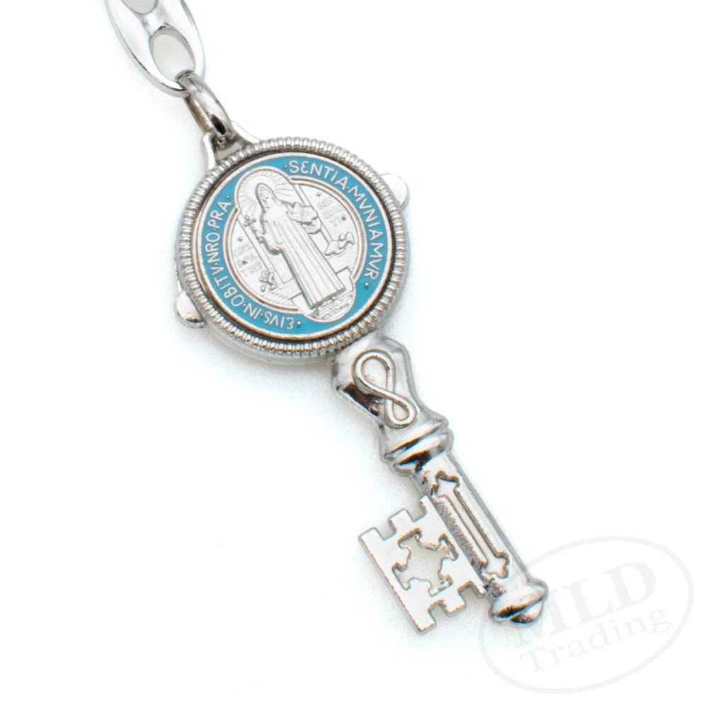 Saint St Benedict Key Shaped Medal Pendant Key Chain Silver & Blue - Religious