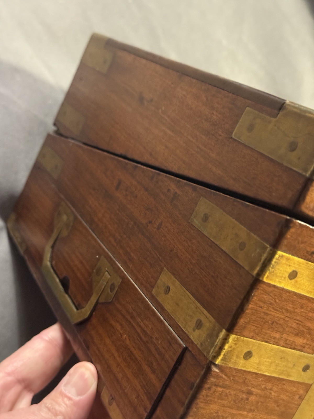 Early Antique Wood & Brass Bound Military Campaign Writing Desk