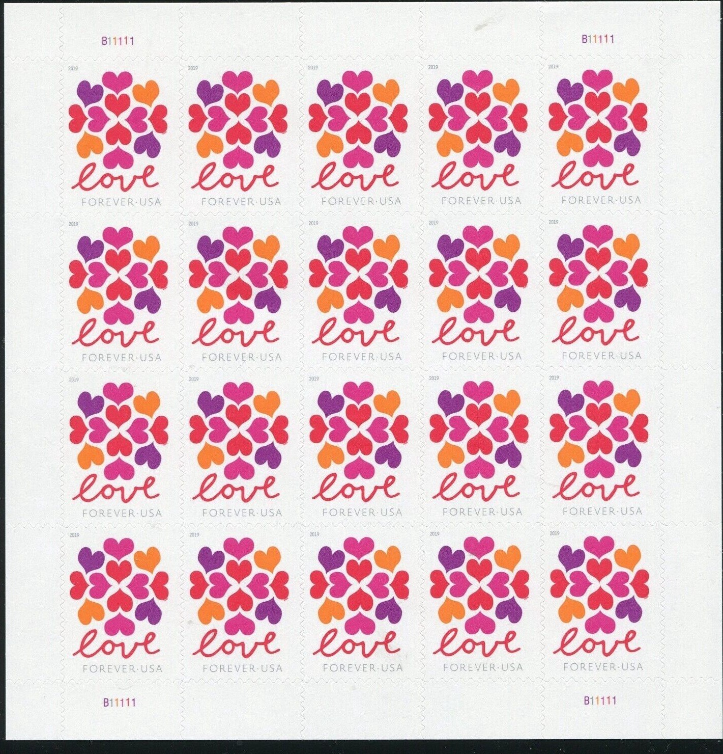 2019 USPS SHEET OF 20 FIRST CLASS LETTER STAMPS LOVE 78¢