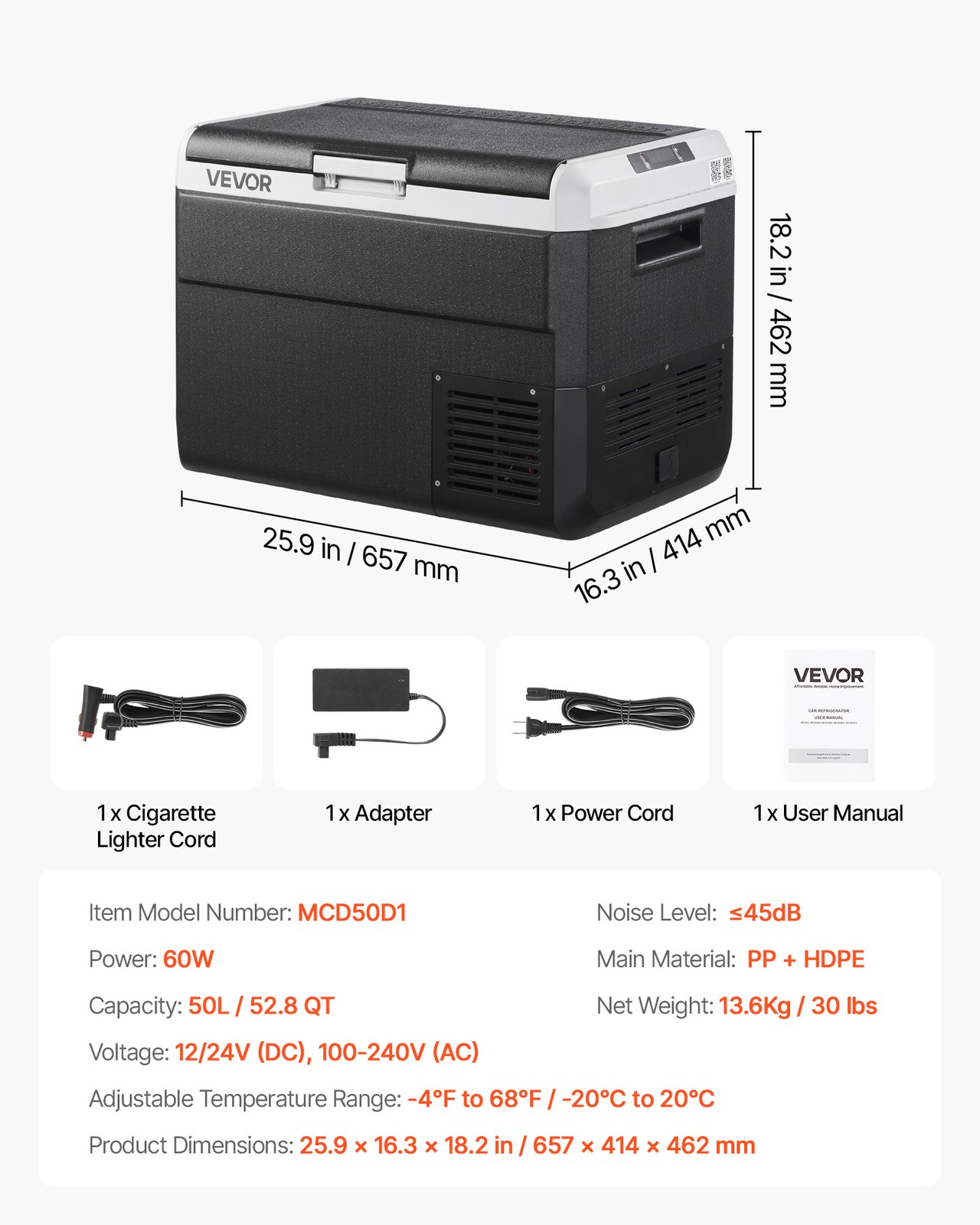 VEVOR 12V Car Refrigerator Portable Freezer 52.8QT Electric Cooler for Camping