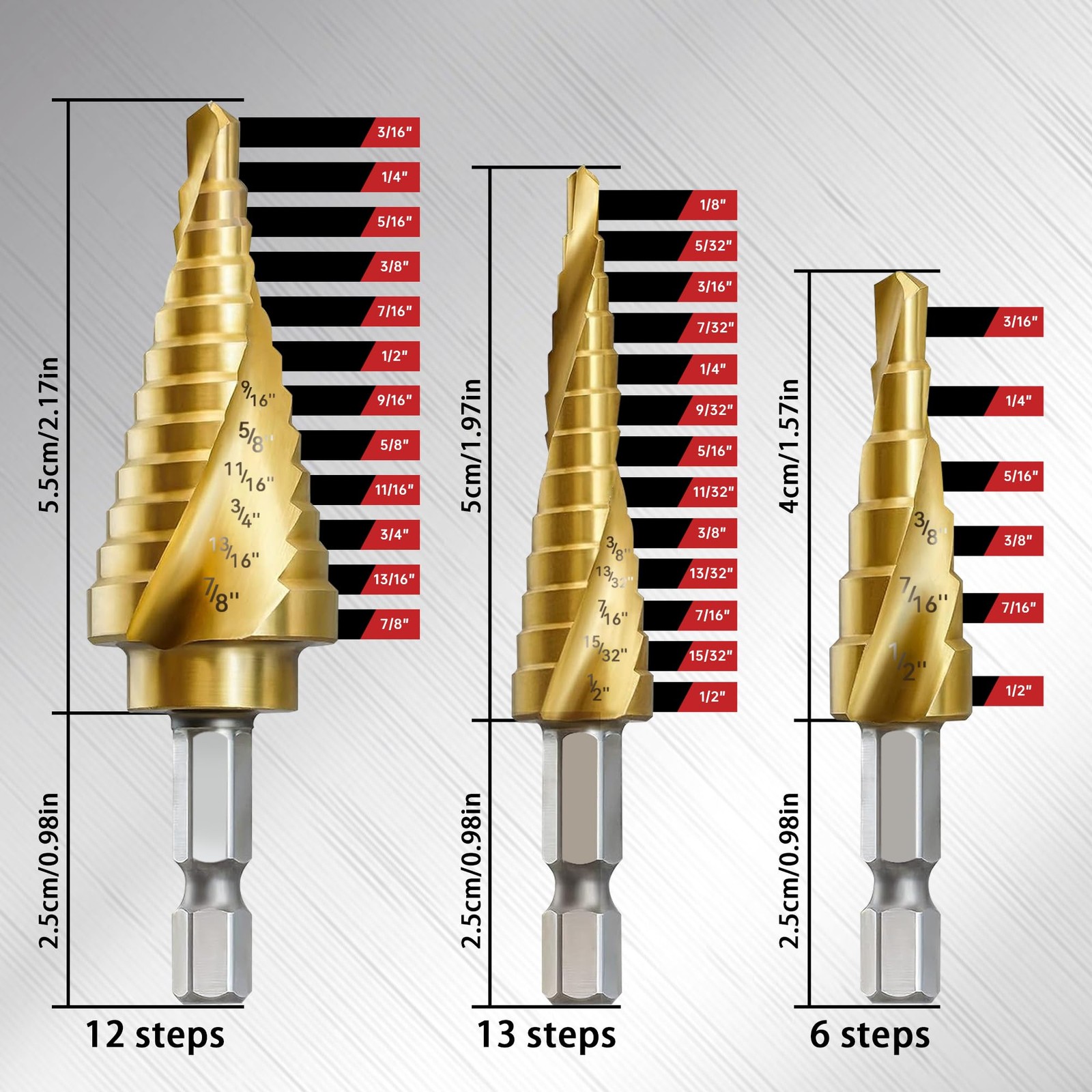 3PC Step Drill Bit Set 1/4in Hex HSS 31-Step Spiral for Metal Wood Aluminum DIY