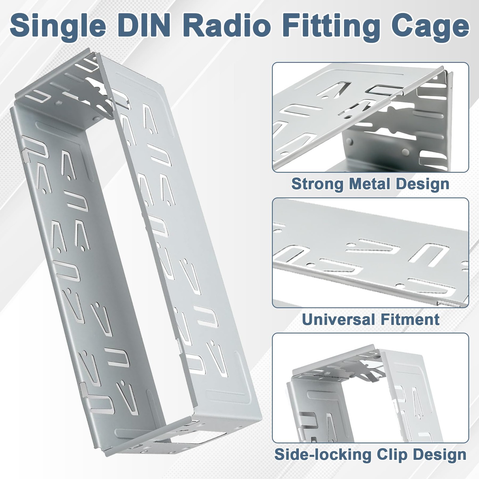 Universal Single Din Stereo Radio Replacement Fitting Cage Kit Silver