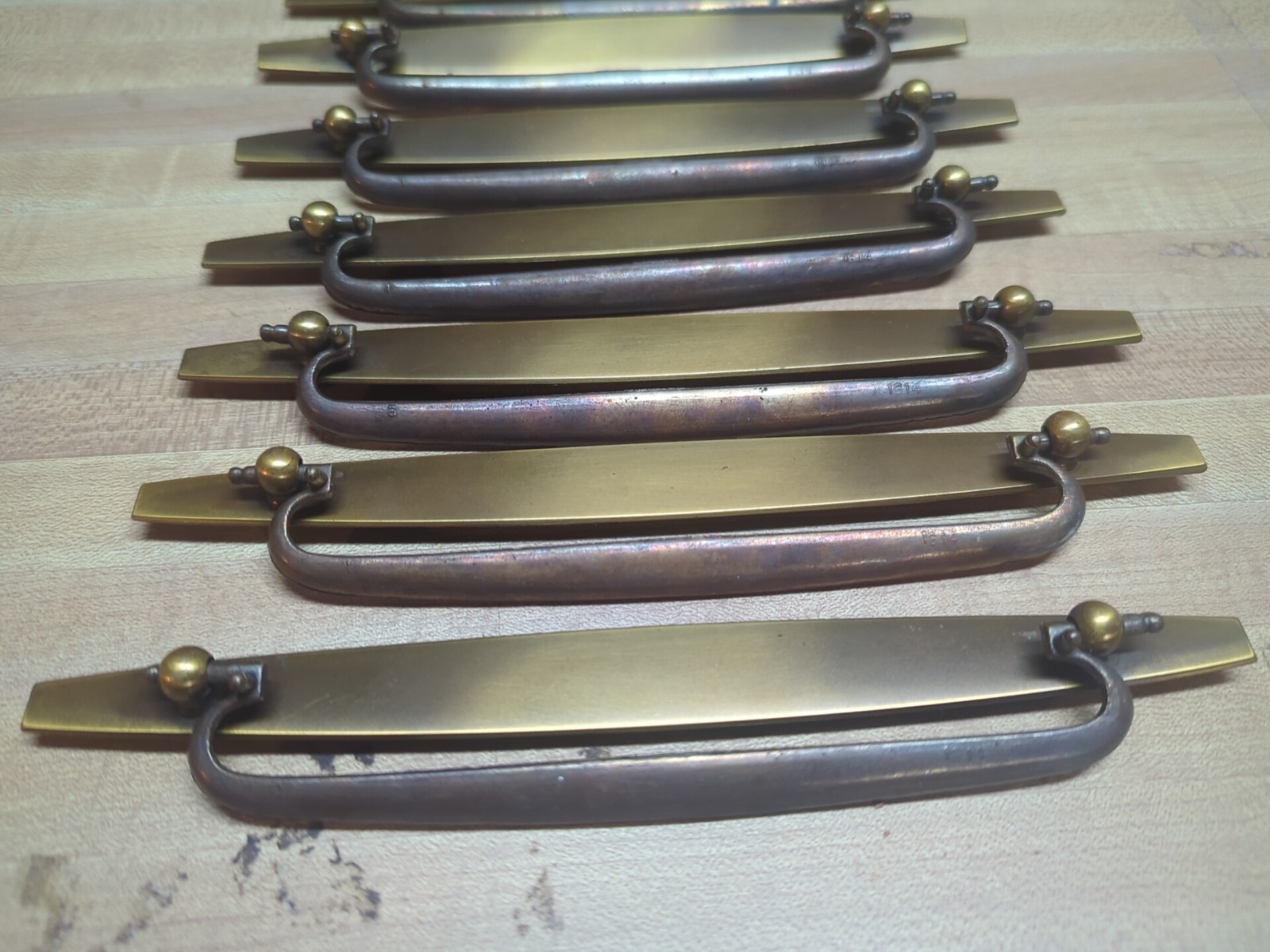 Lot of 8 Vintage Burnished Brass Drawer Pulls, 7.625" Long