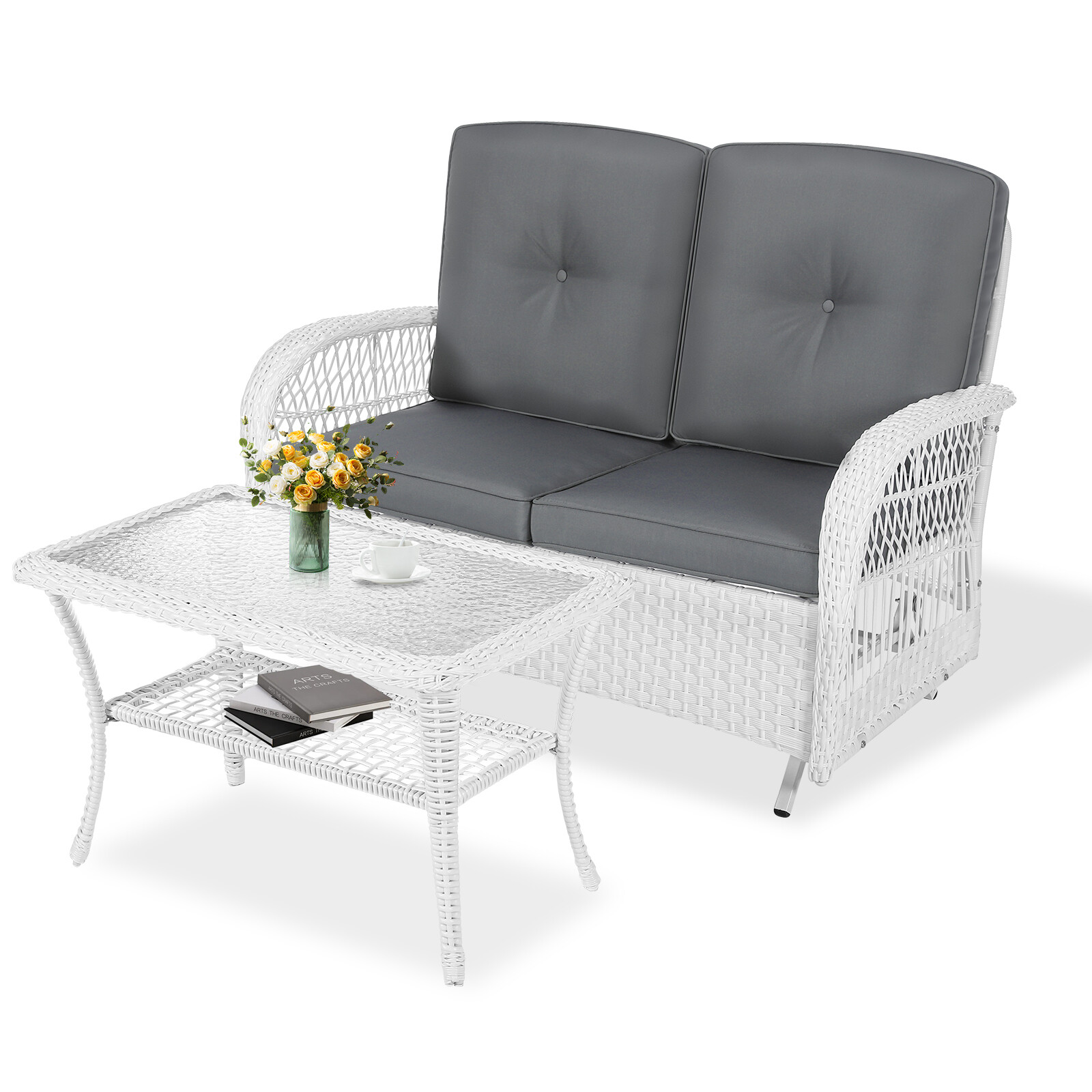 Outdoor Wicker Patio Glider Set, Glider Rocking Bench Loveseat With Coffee Table