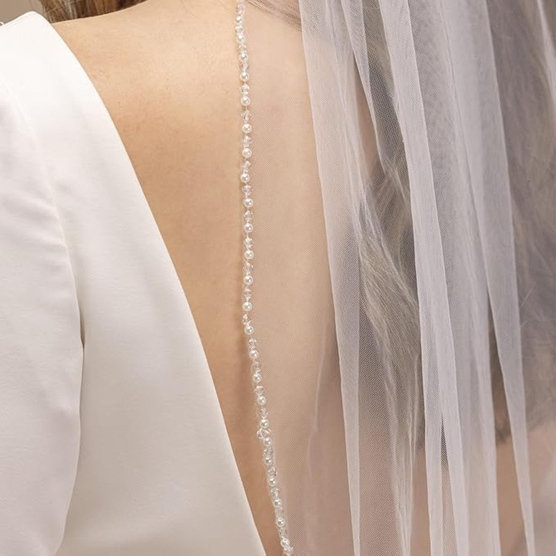 Bridal Veil Pearl Beaded Edge Fingertip Length Wedding Veil for Women White 3...