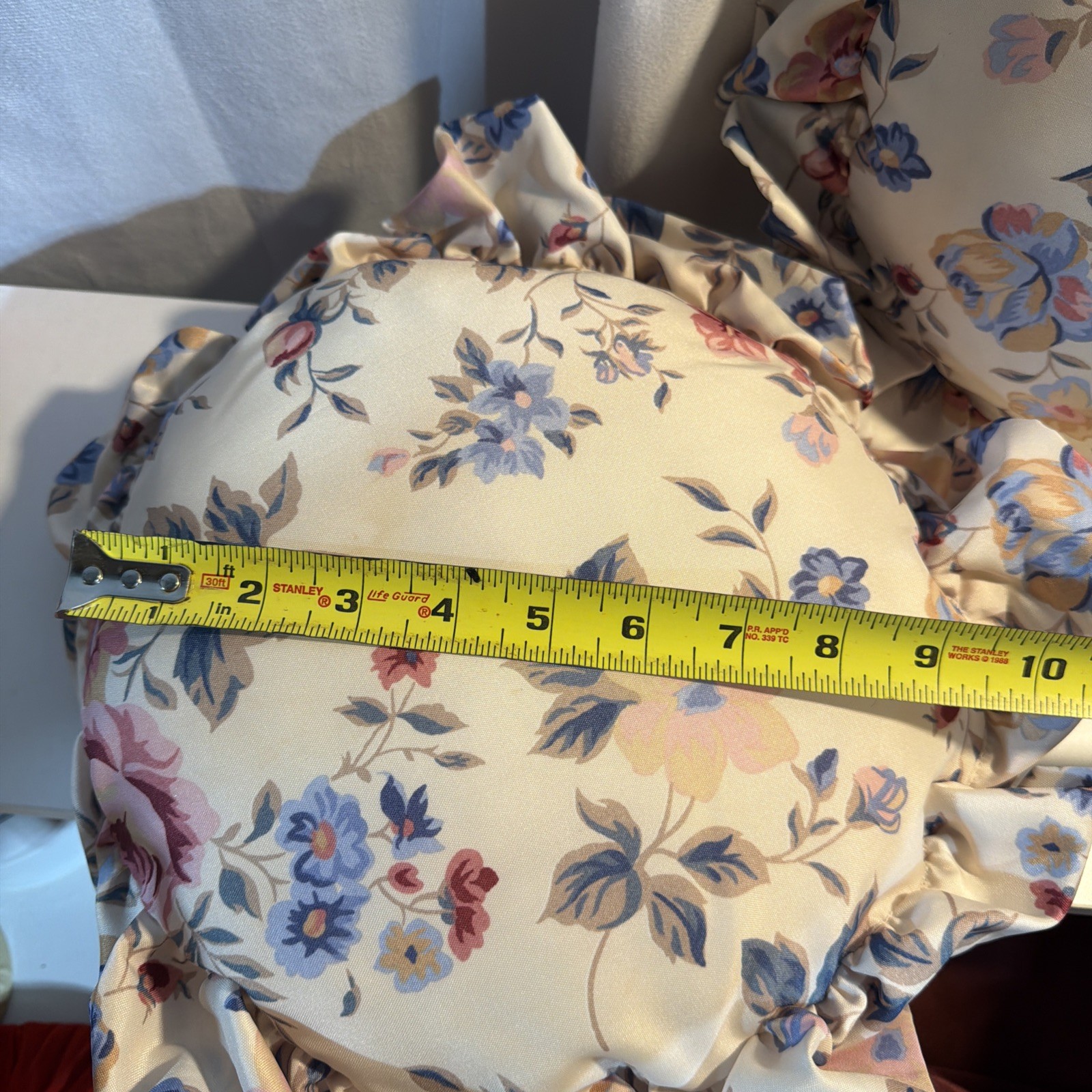 Pair Of Vintage Round Pillows Cream With Garden Rose Print Ruffle Circle Pillow