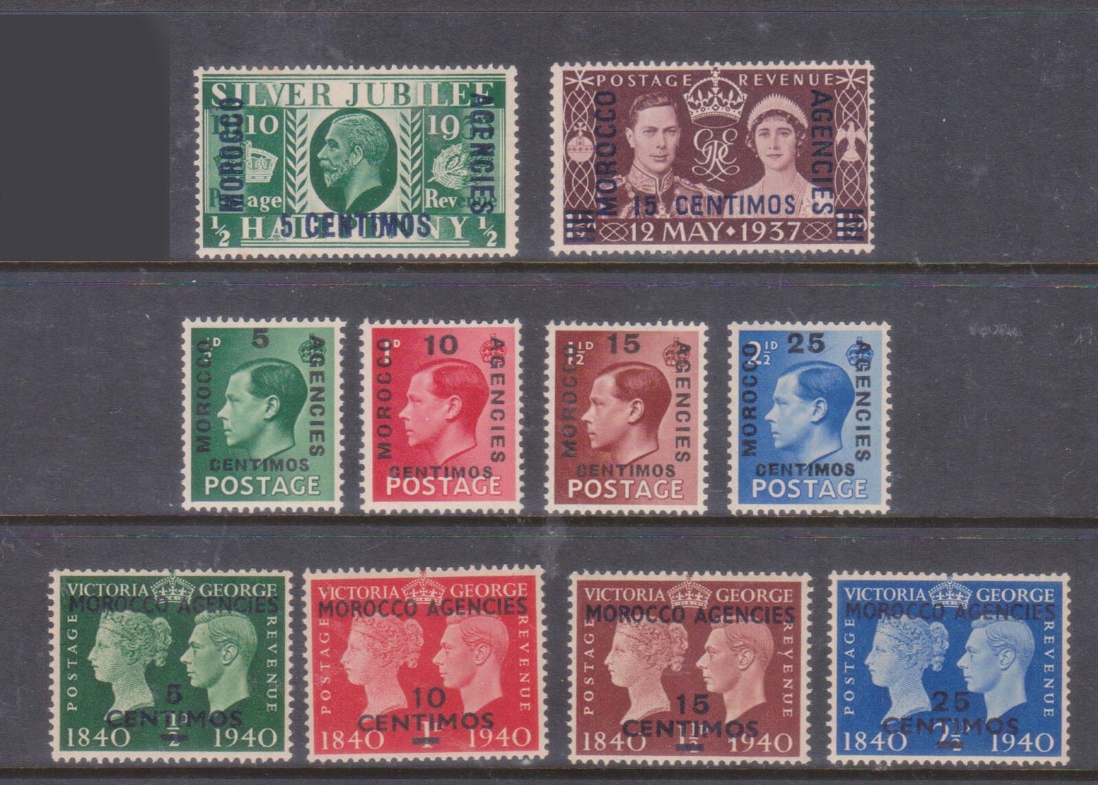 (F318-127) 1934-40 Morocco agencies Spain O/P mix 10stamps 5 to15 Centimos (EA)