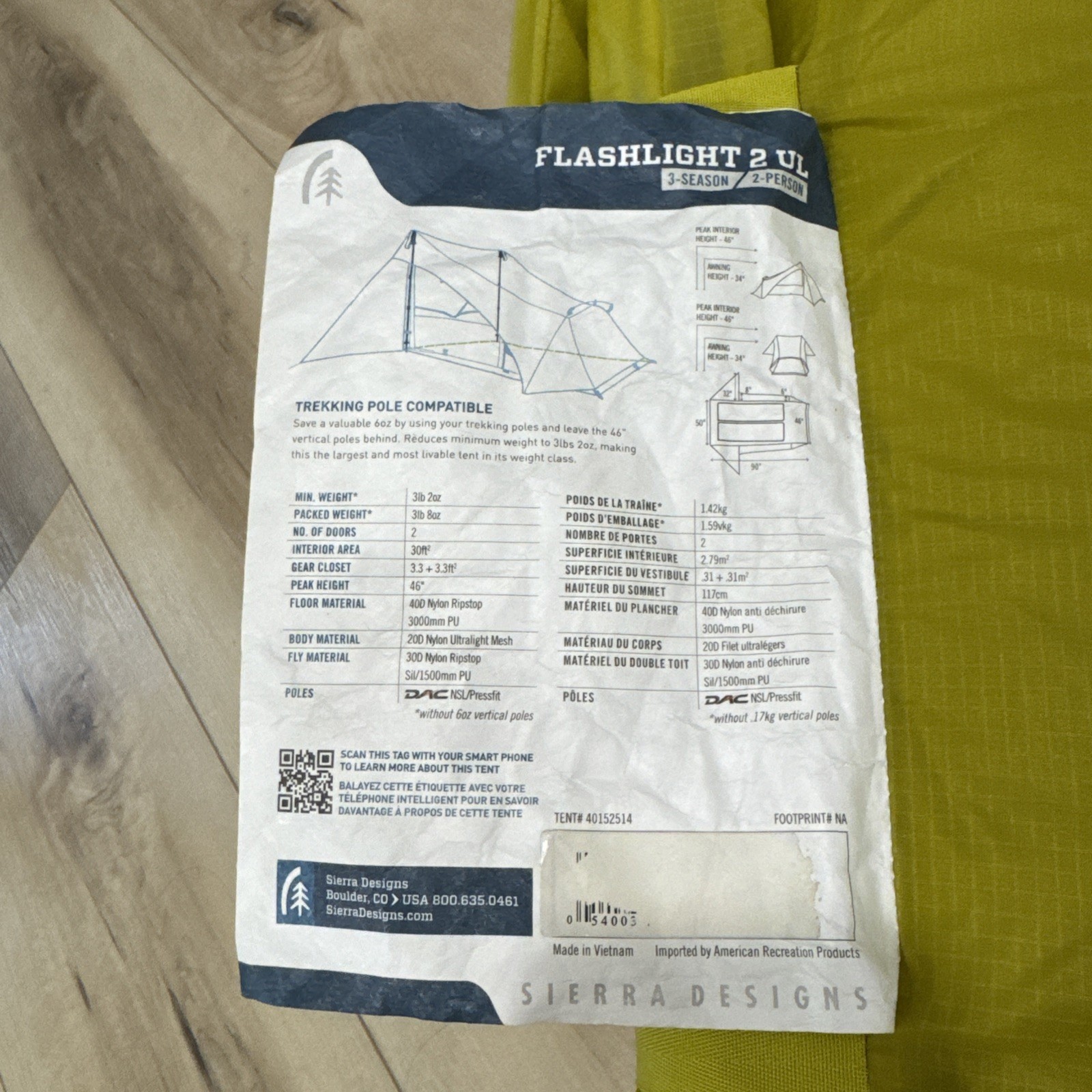 Sierra Designs Flashlight 2 UL Tent 2 Person Backpacking 3-Season **READ**