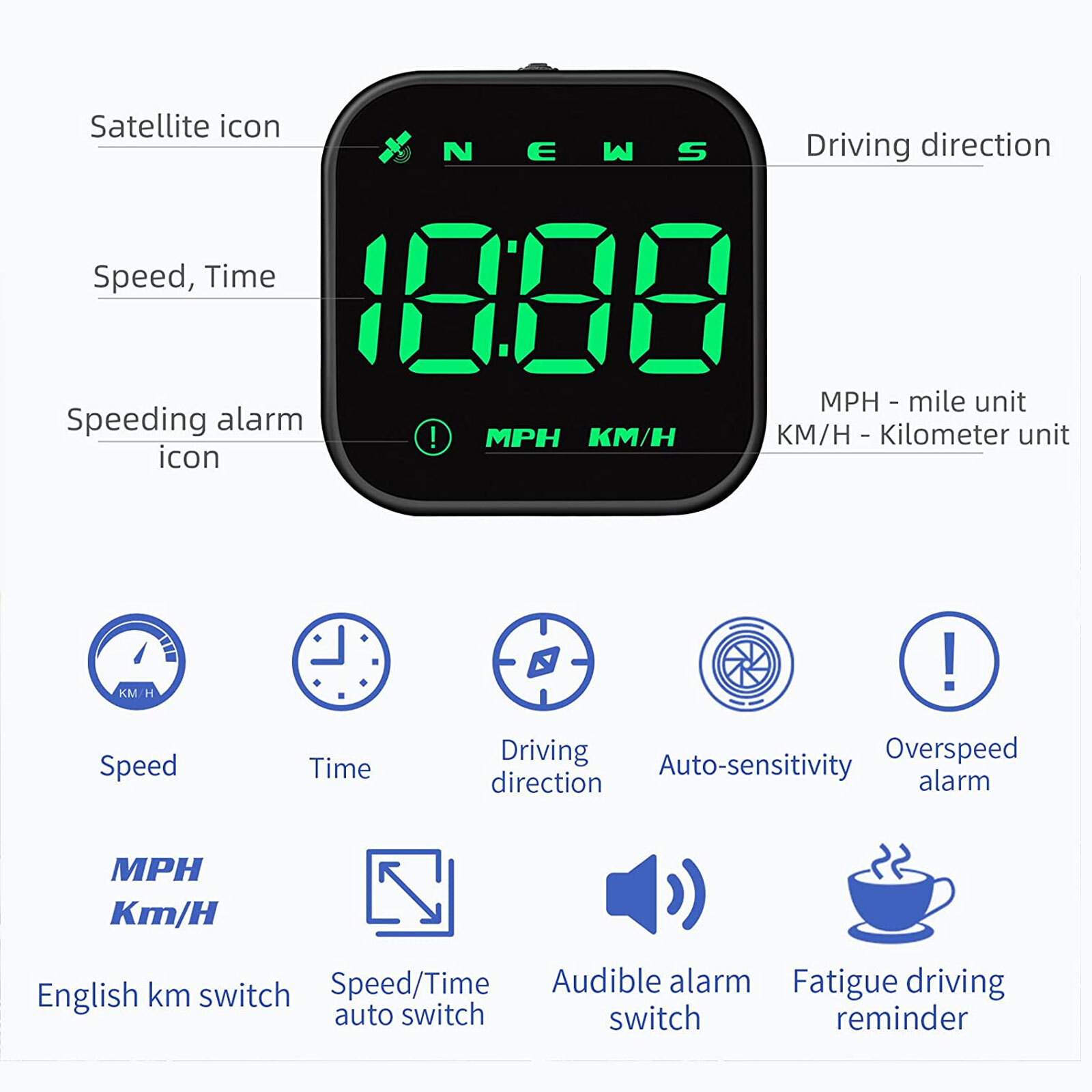 Digital GPS Speedometer Car HUD Head Up Display MPH KMH Compass Overspeed Alarm