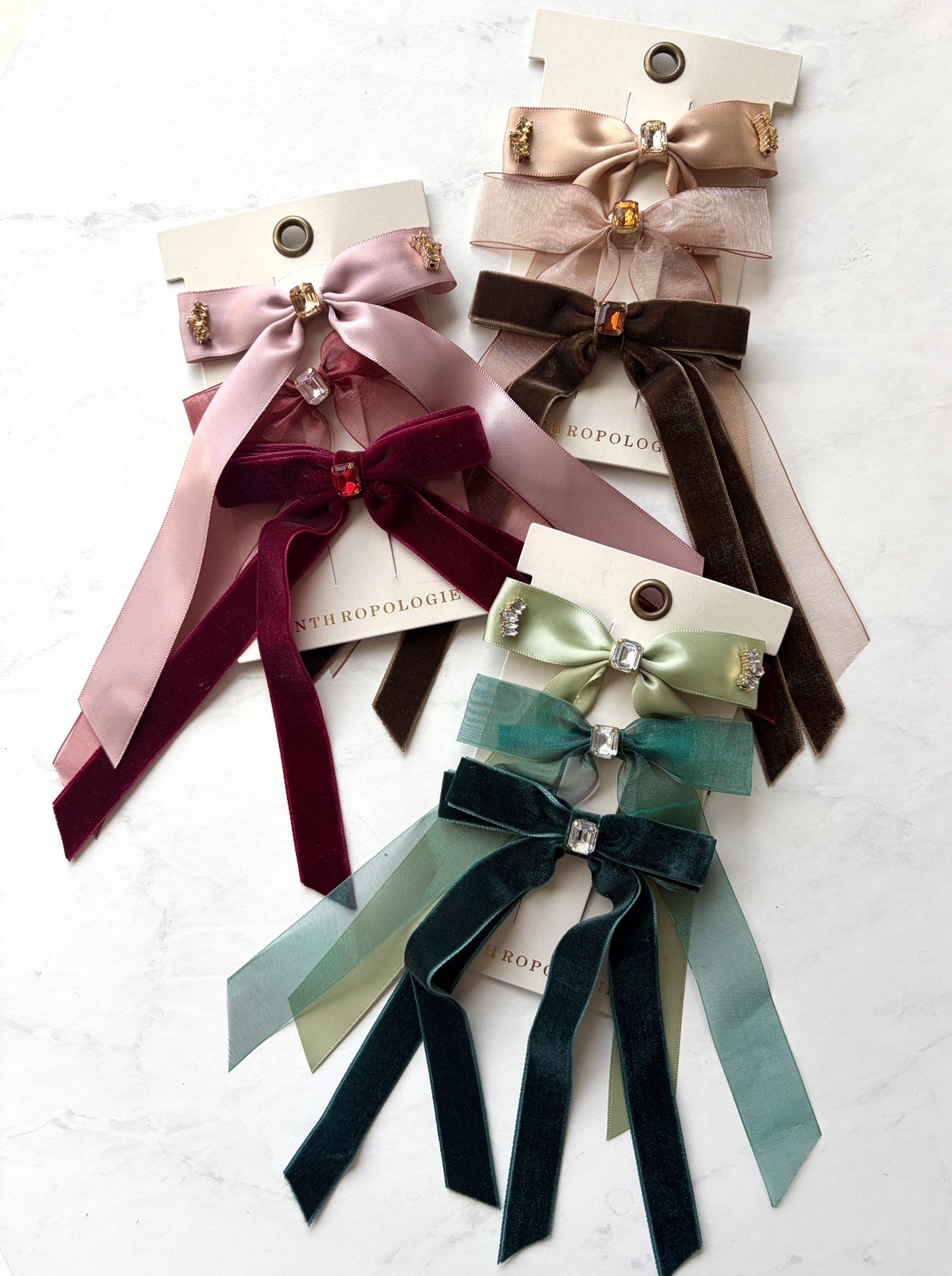 NWT Anthropologie Gemstone Bow Hair Clips Set of 3 Brown