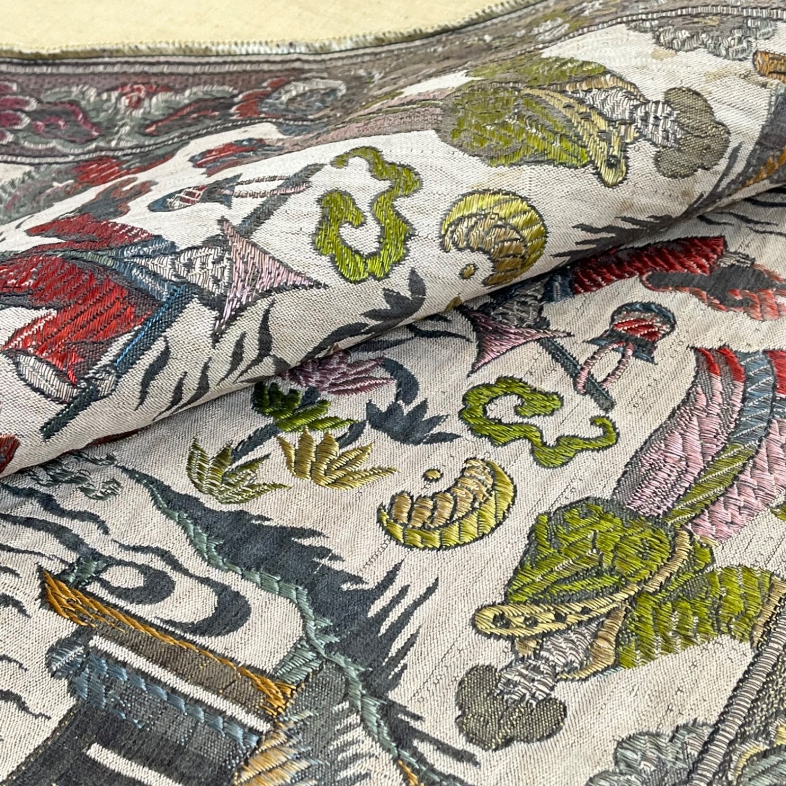 Vintage Asian Silk Hand Embroidered Textile 48 x 17 Panel Runner Pagoda Scene