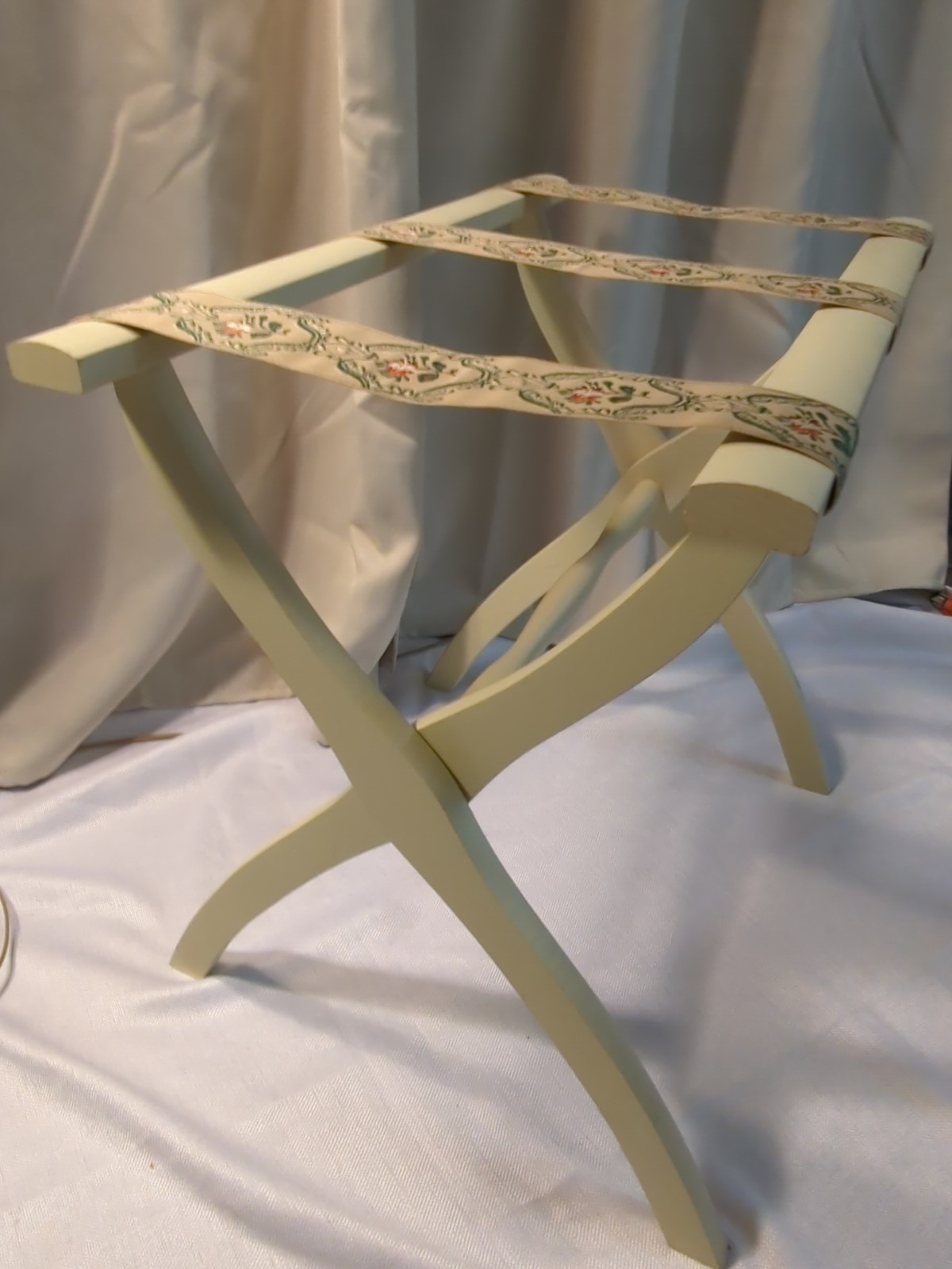 Vtg Scheibe Wood Folding Luggage Suitcase Rack Hotel Stand Tapestry Straps Ivory