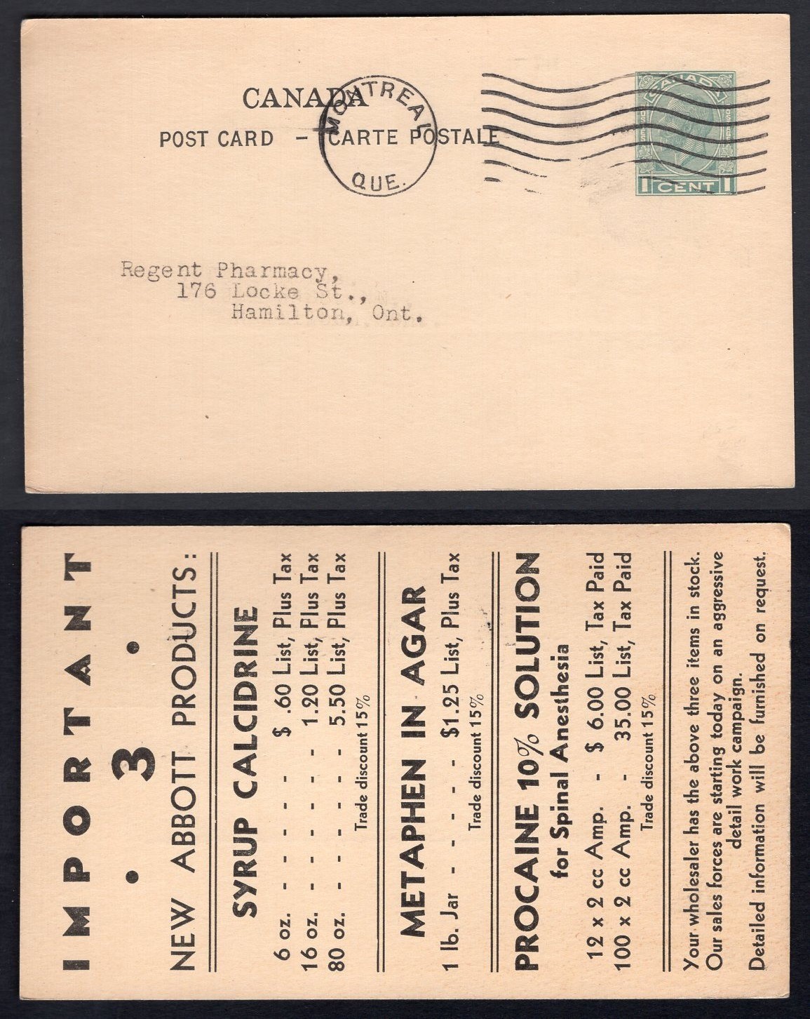 CANADA Montreal 1930s Abbott Medical Adverting Postal Card to Hamilton Pharmacy