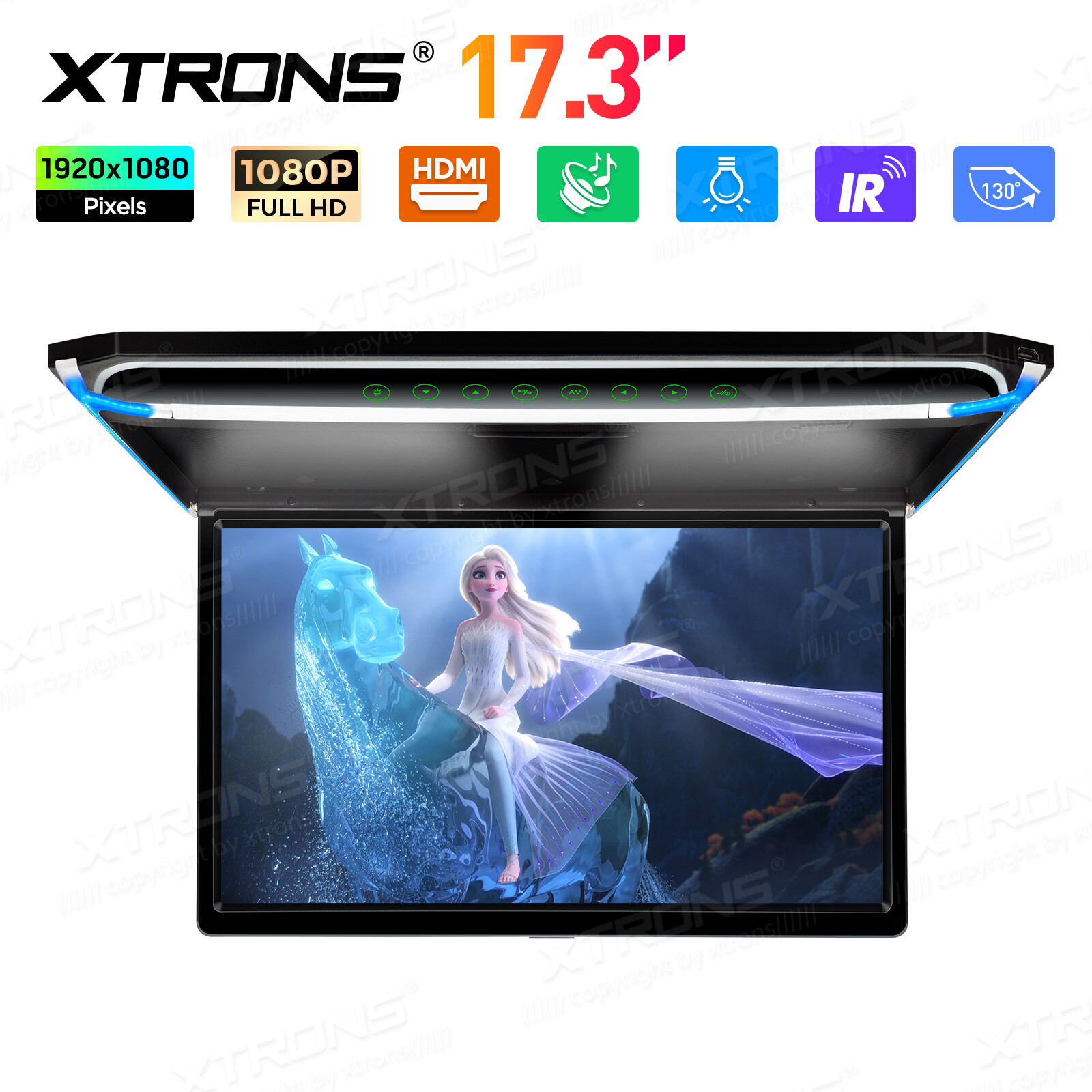 17.3" Car Overhead Ceiling Roof Mount Monitor Flip Down 1080P Video HDMI Player