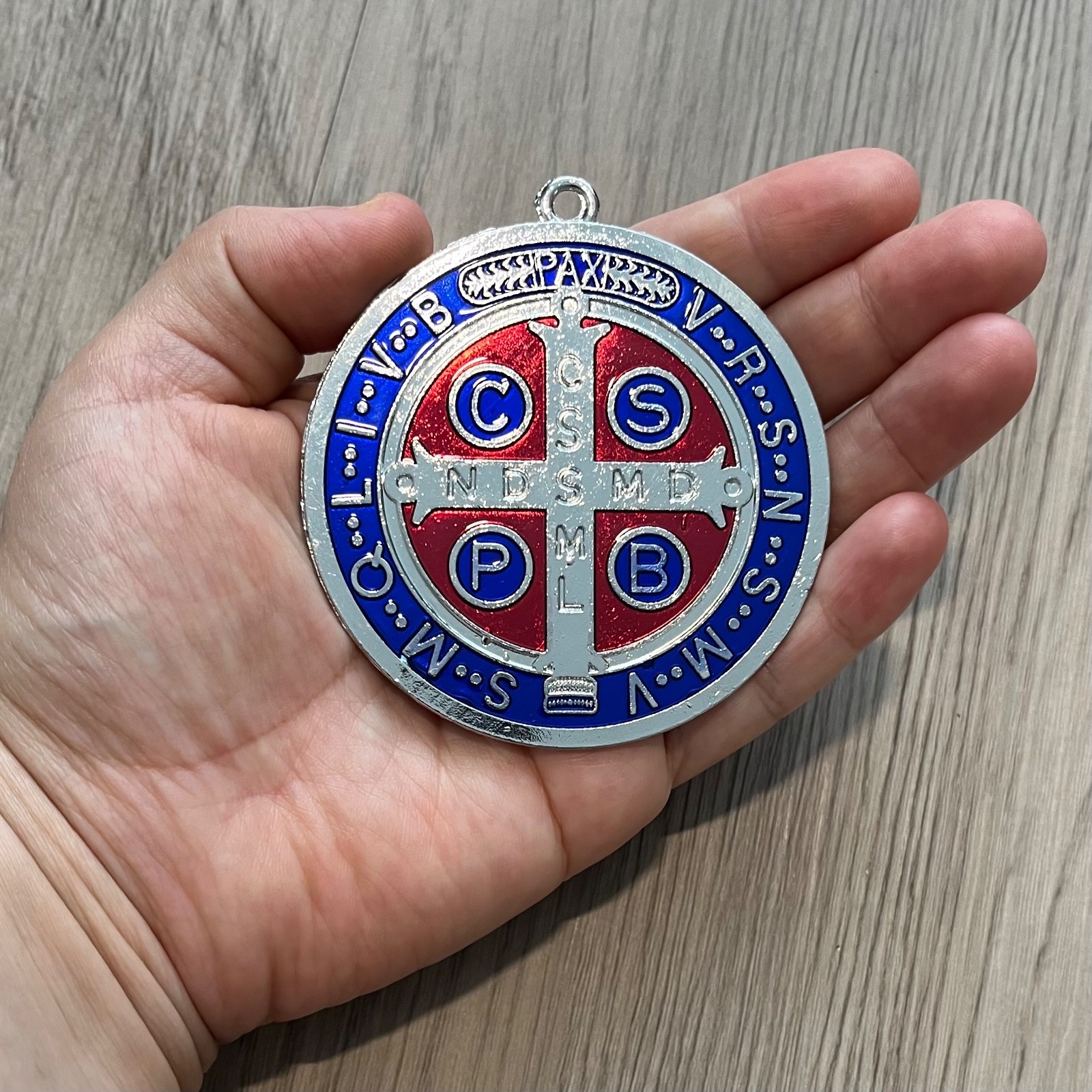 Catholic St Benedict 3” Medal Silver Blue Red Enamel Medalla Medallón San Benito