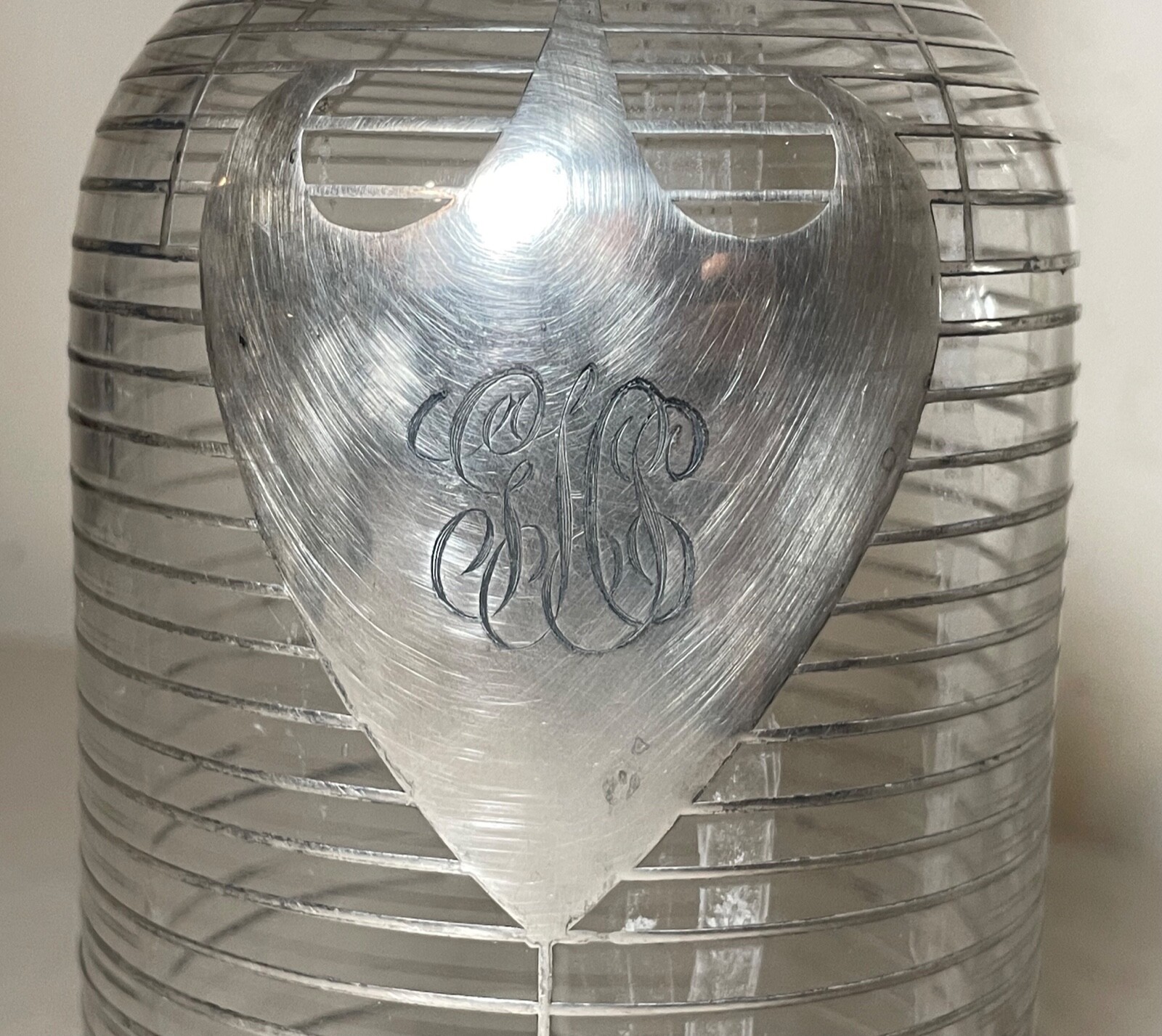 pair antique ornate sterling silver overlay glass liquor claret decanter bottle