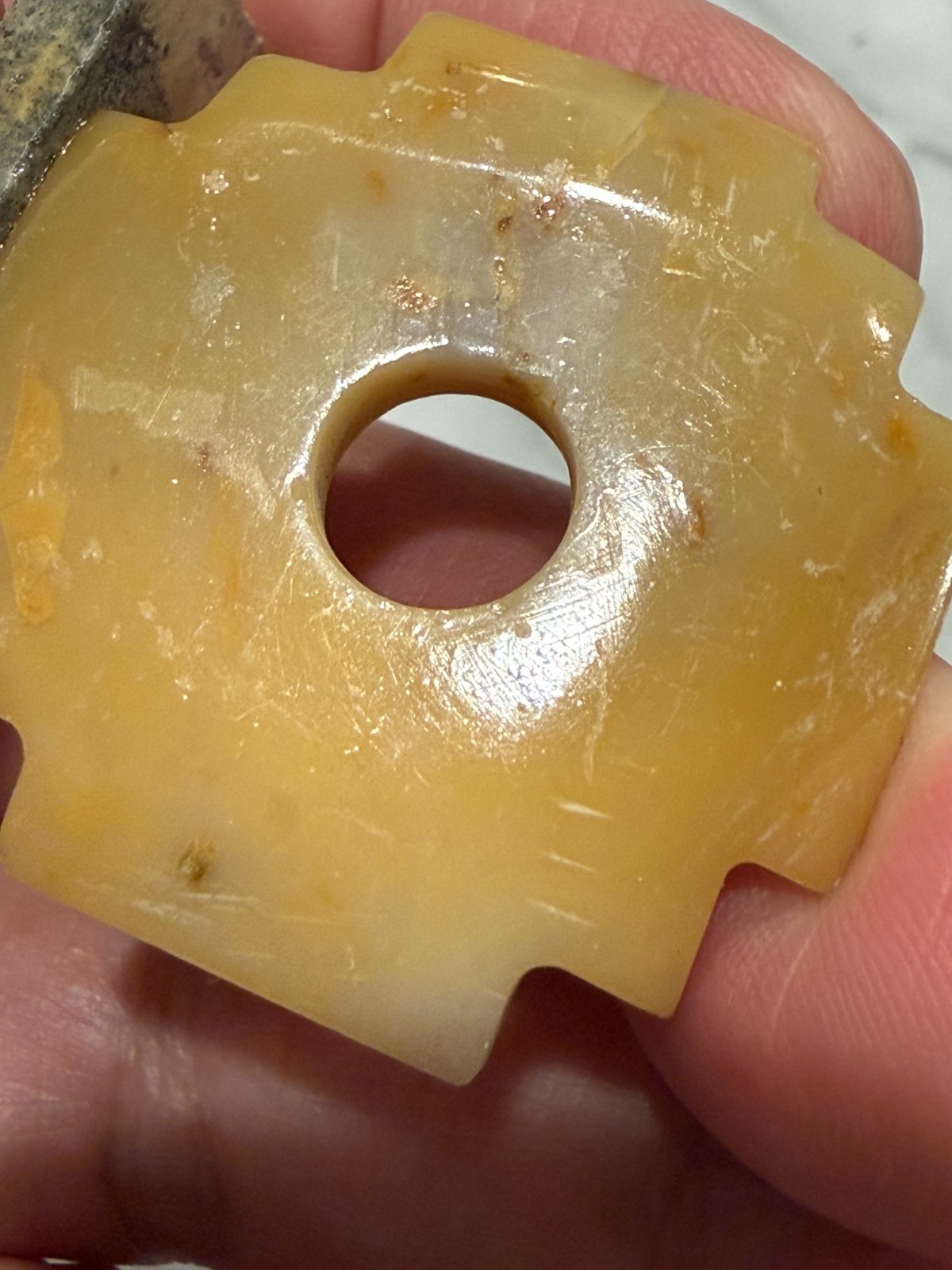 Vintage Small Yellow Stone Carving Chakana Inca Cross on Stand