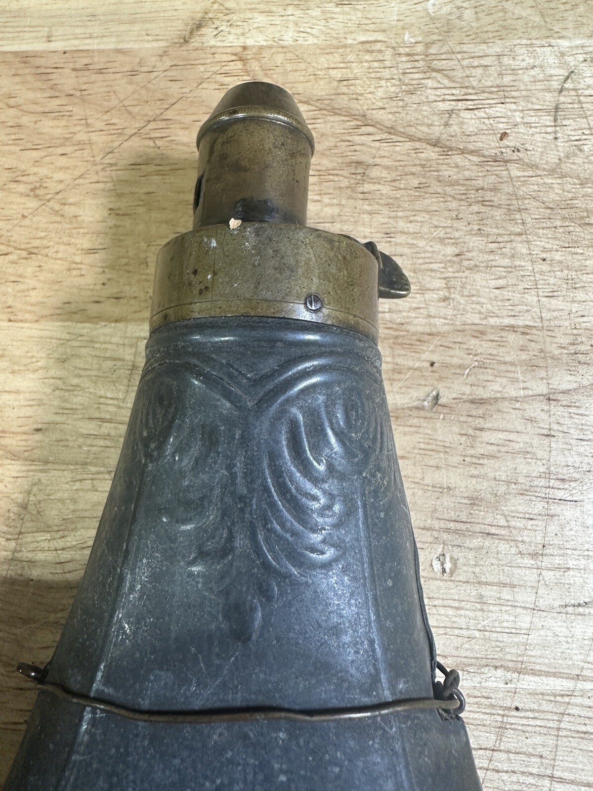 Antique Mid 1800s Era Style Brass And Zinc Powder Flask