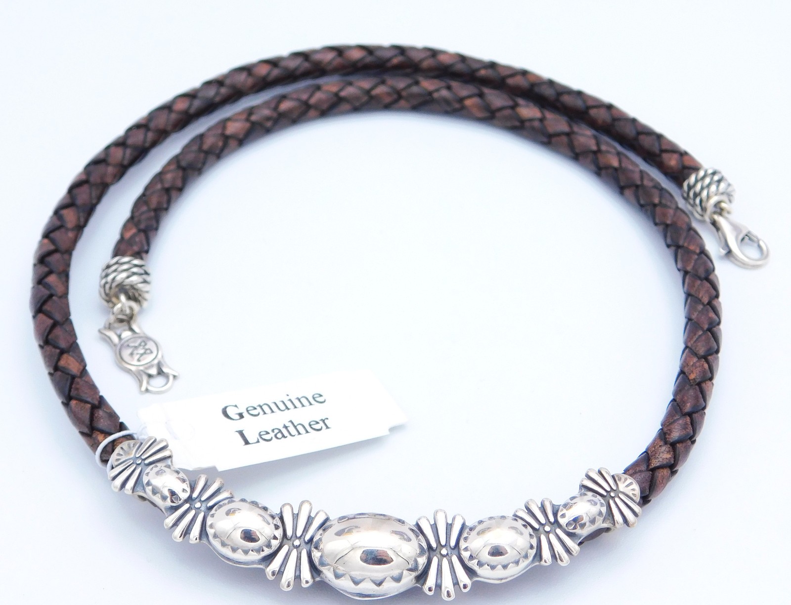 RARE! Carolyn Pollack American West Sterling Brown Leather Plaque Necklace 21"