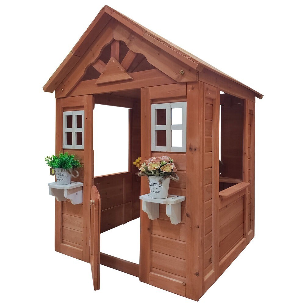 Wooden Playhouse for Kids Backyard Outdoor Cottage with Flowerpot Holder Window
