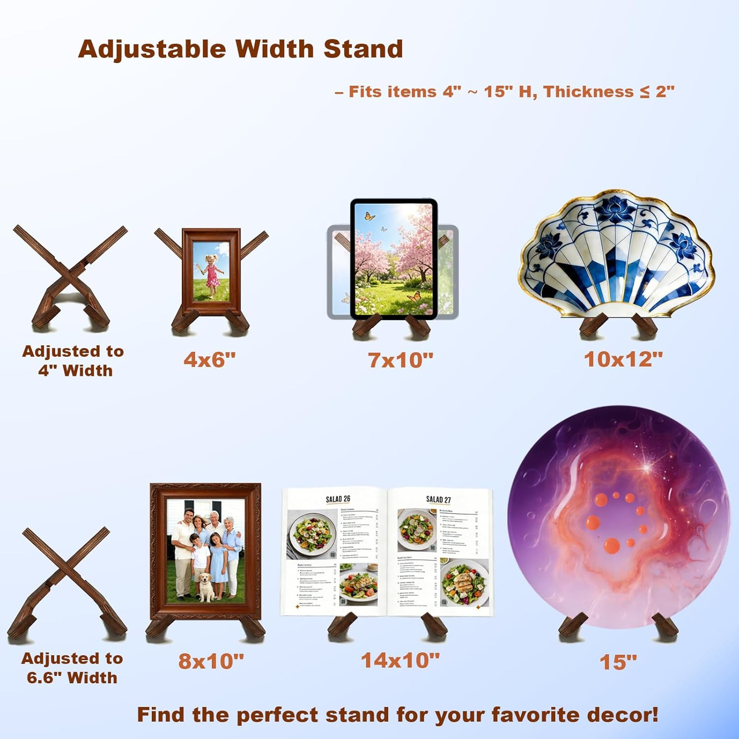 Adjustable Wooden Plate Stands for Display Easels - 6.8 Inch Plate Holders for D