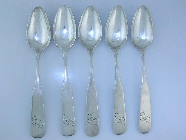 5 Early Coin Silver Spoons STEPHENS BAKER Wilmington North Carolina NC 1800s