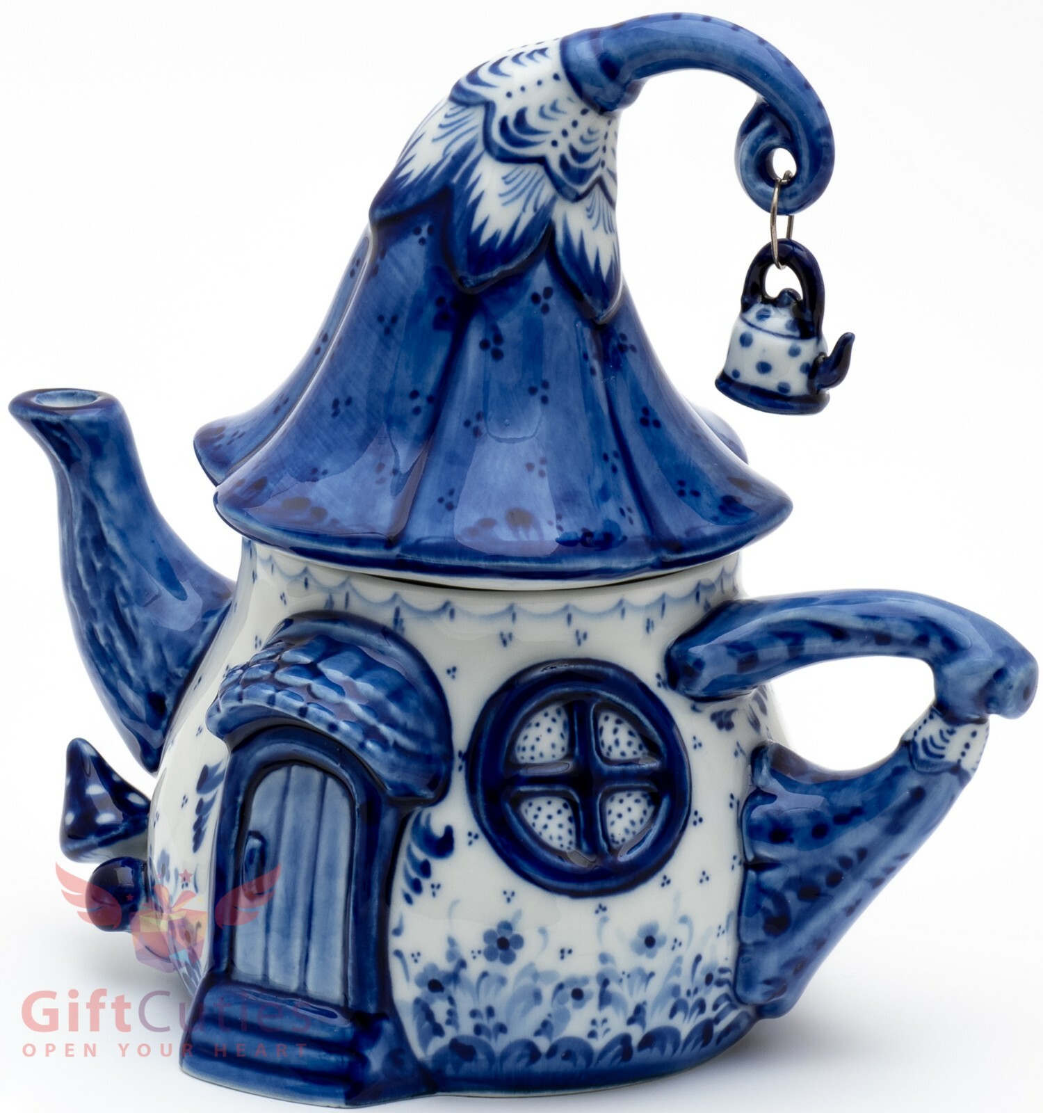 Porcelain Gzhel teapot in shape of a house souvenir handmade Гжель