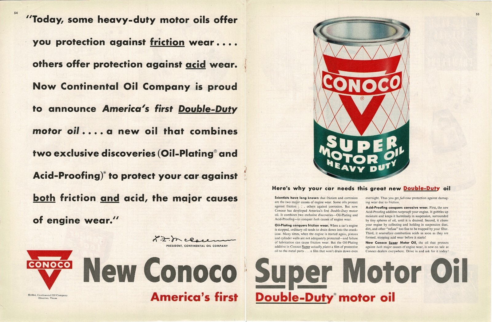 1954 CONOCO Super Motor Oil heavy duty Centerfold Vintage Print Ad