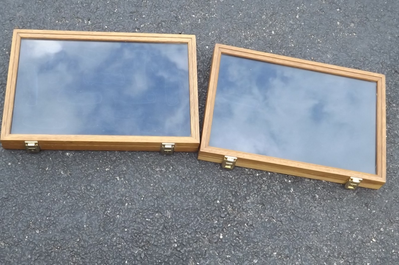 LOT OF 2   KNIFE WATCH MARBLES OAK WOODEN DISPLAY CASE USED GREAT SHAPE 18" INCH