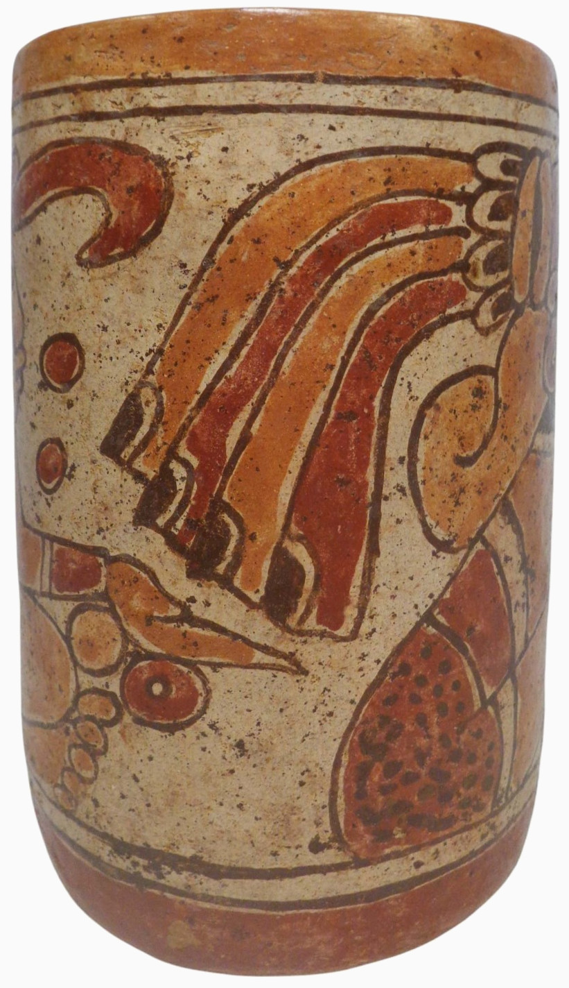 MID-CENT REPRO of PRE-COLUMBIAN HAND DEC CERAMIC CYLINDER VESSEL of SEATED DEITY