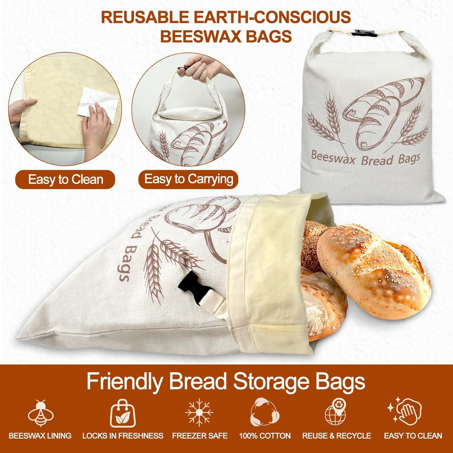 2 Pack Sourdough Beeswax Bread Bags for Homemade Bread Storage with Lining, Cott