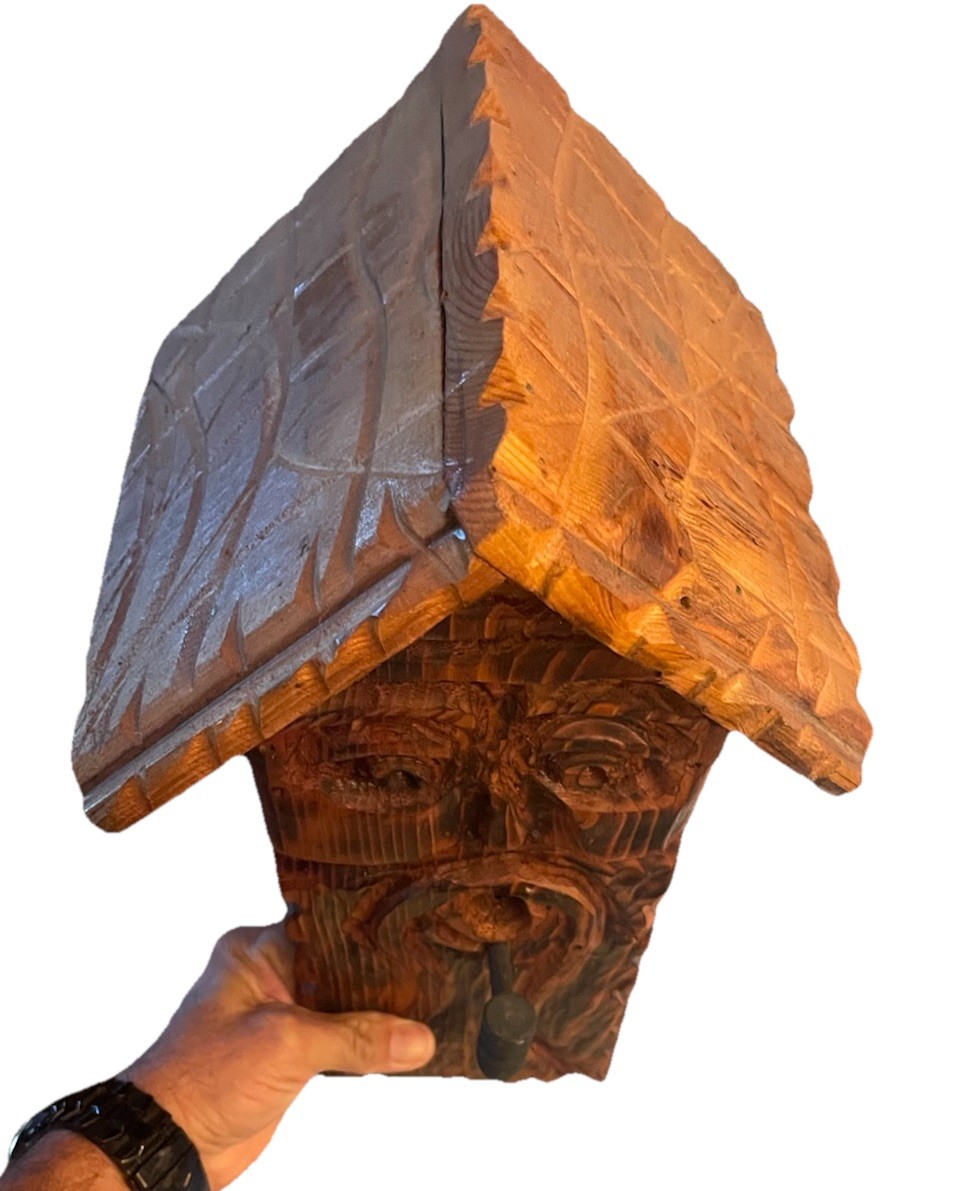 Hand Carved Wood Spirit Birdhouse Rustic Folk Art Tree Face Handmade Cedar