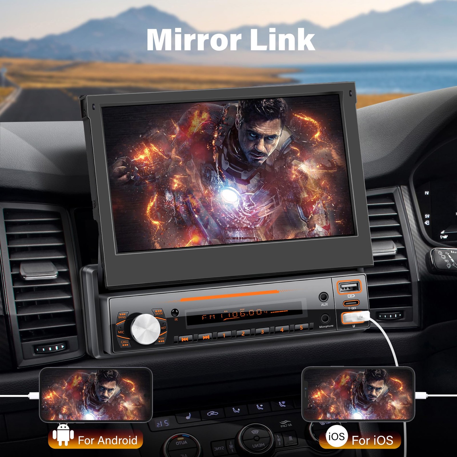Single Din Car Stereo with Carplay ＆ Android Auto,7 Inch Flip-Out Touchscreen