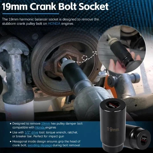 For Honda Crank Pulley Tool 19mm Harmonic Balancer Socket & 50mm Crankshaft..