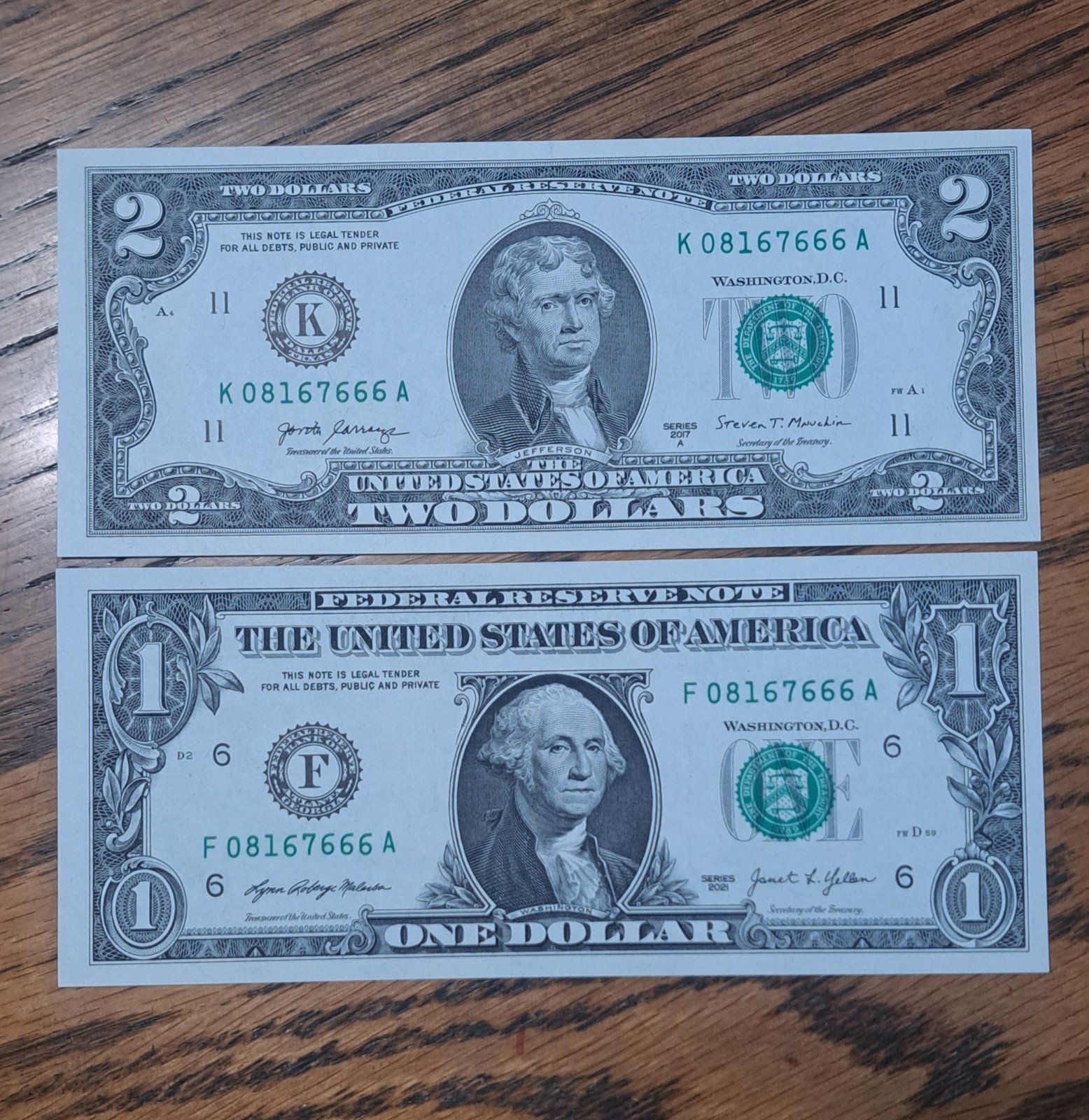 MATCHING $1 & $2DOLLAR NOTES! –SAME SERIALS -