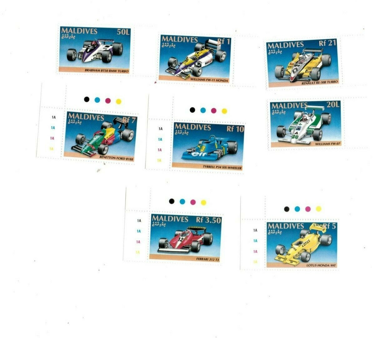 Maldives 1992 - Grand Prix Race Cars - Set of 8 Stamps - Scott #1584-91 - MNH