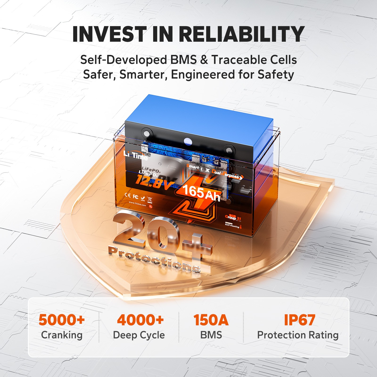 LiTime 12V 165Ah Dual Purpose LiFePO4 Marine Battery CCA 1200 For Outboard Motor