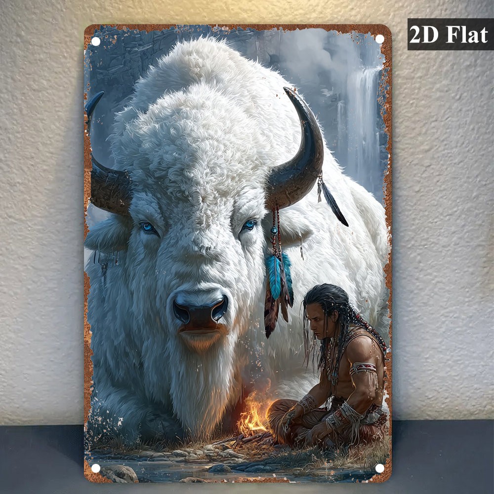 2D Flat,Vintage Native American White Bison Tin Metal Signs Home Décor 8x12