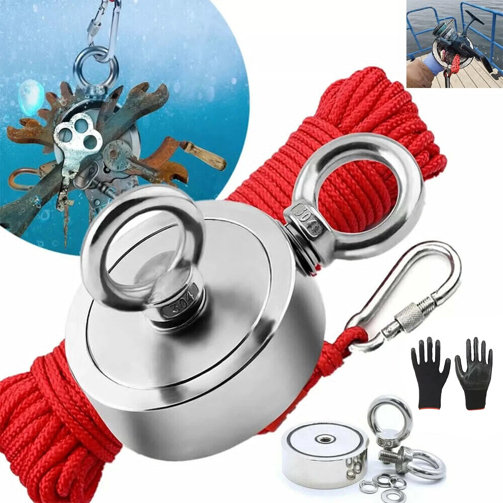 2000 LBS Strong Fishing Magnet Kit Double-Sided Pull Force and Rope Carabiner US