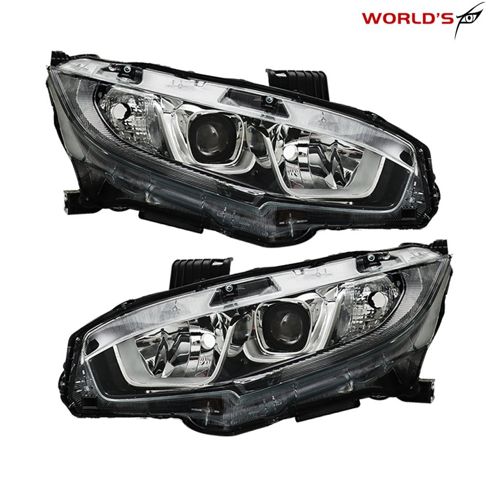 Pair For Honda Civic 2016-2020 Halogen W/LED DRL Headlights Assy Chrome Housing