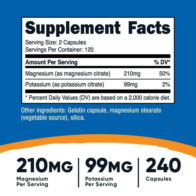 Nutricost Potassium (99 mg) Magnesium (210 mg) Citrates, 240 Capsules